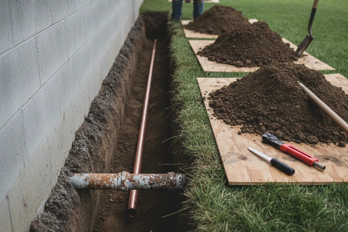 Excavated water line trench during Water Softener Installation in Butler